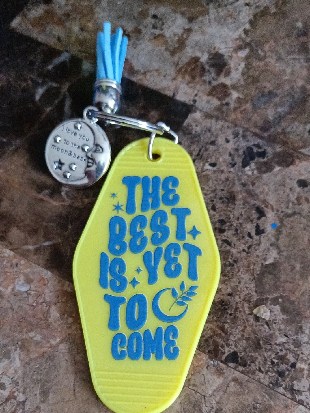Yellow Colored  Motel Key Keychain Fob  featuring an uplifting message